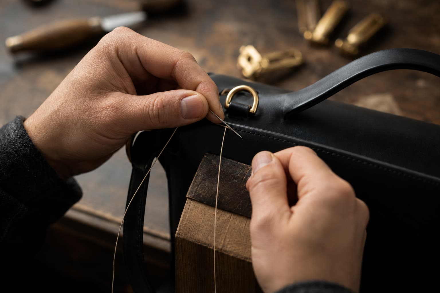 Mains cousant à la main une pièce de maroquinerie en cuir noir